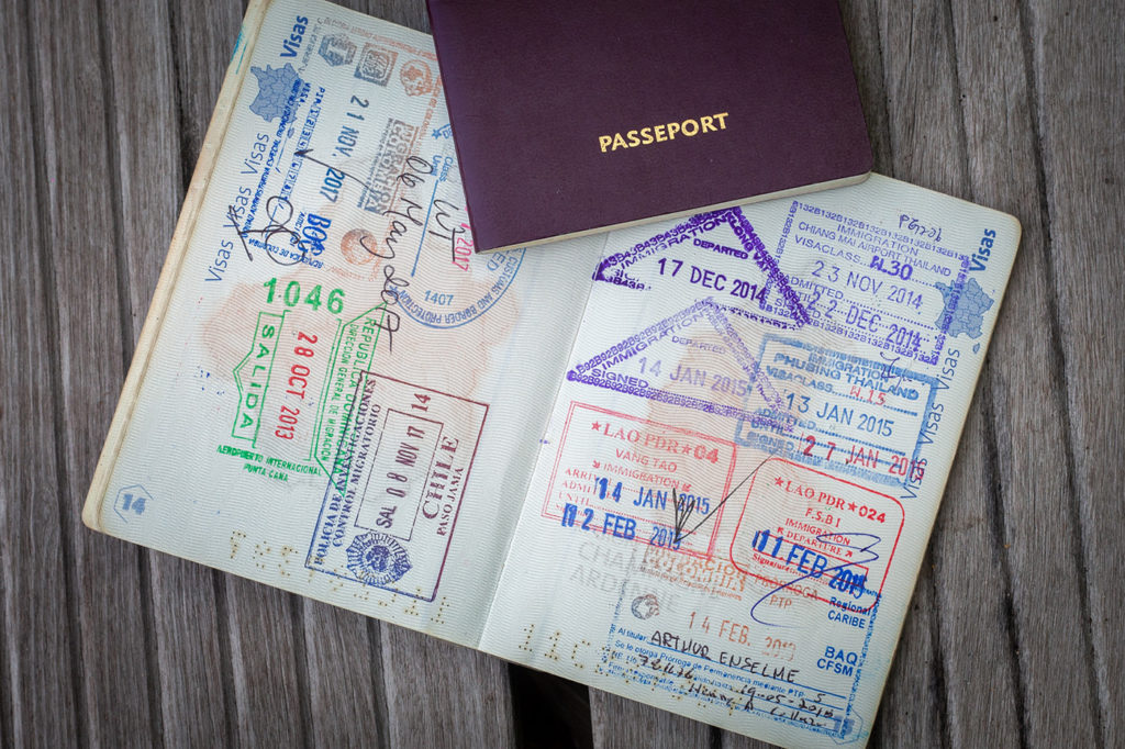 Stamps in a passport, travel life background